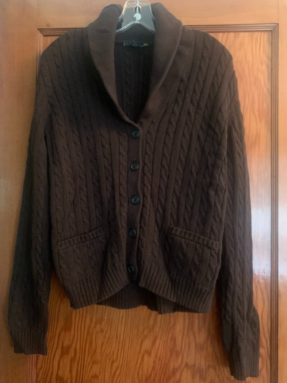 Lauren Ralph Lauren Brown Cable Knit Shawl Collar Button Cardigan Sweater M